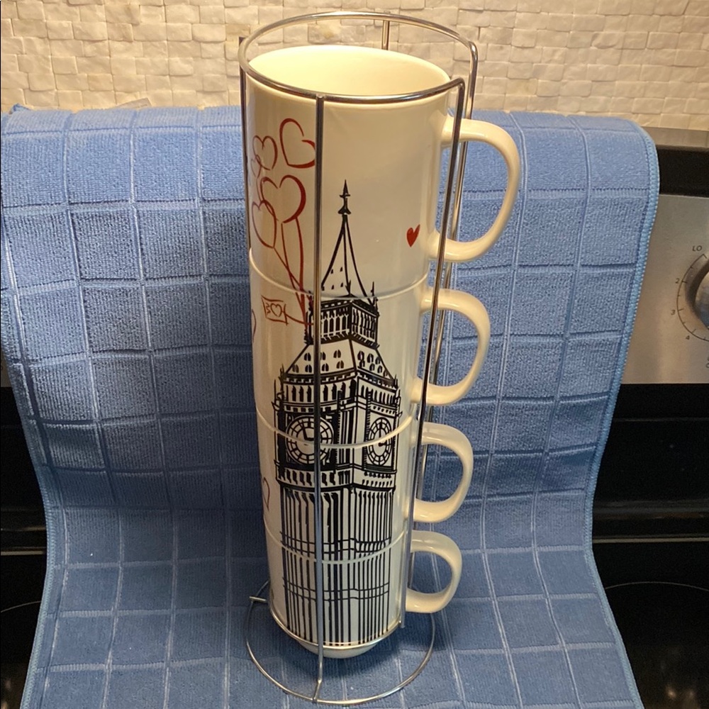 Stackable London Tower Mugs with Stand by Claro. 12 oz mug. As new